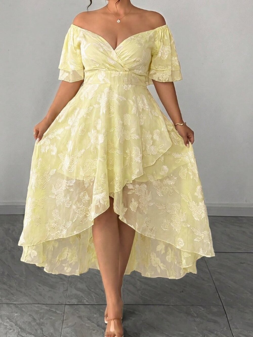 Light Yellow Elegant Women's Plus Size Off-Shoulder Floral hi low Maxi Dress - Picture 4 of 5
